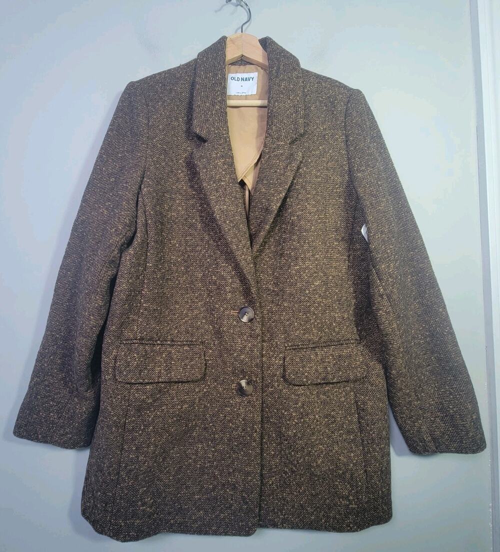 NWT Old Navy Womens M Wool Blend Herringbone Relaxed Blazer Brown